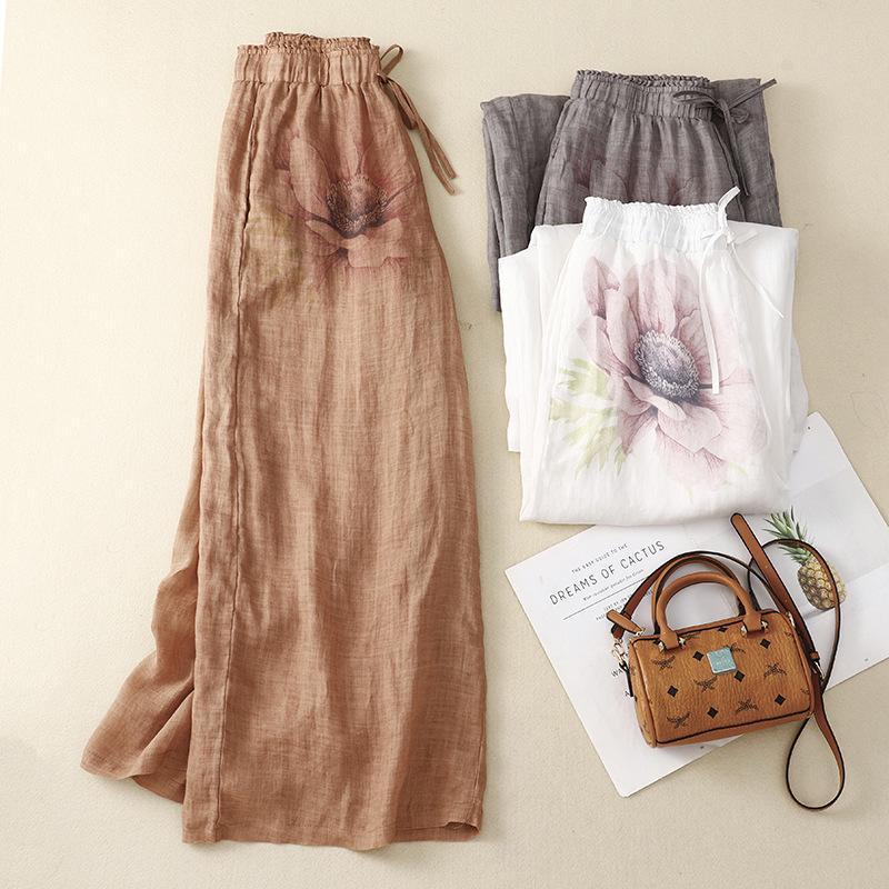 2025 summer new casual retro cotton and linen elastic waist lace-up wide-leg pants double-layer printed loose trousers children