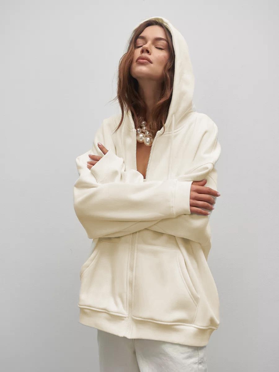 

2024 Осень/Зима Однотонный Свободный Крой Трансграничный Европейский и Американский Стиль Кардиган с Капюшоном на Молнии 4XL грязно-белый