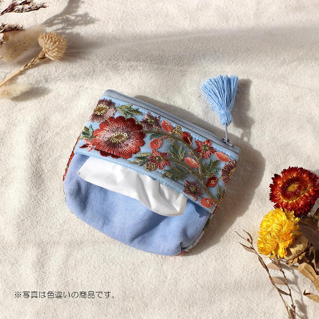 Tomo Corporation Indian Embroidered Ribbon Pouch with Tissue Case, Beige, Indian Embroidery, Indian Ribbon, 13xH10xD2cm, 13124-000-414