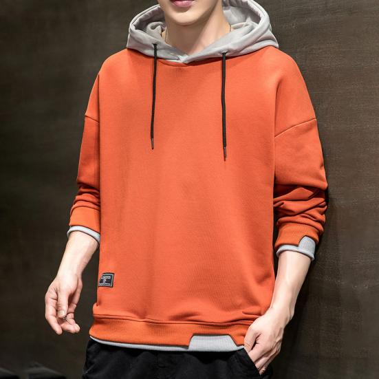 Men Hoodie Contrast Colors Drawstring Casual Long Sleeve Thick Loose Autumn Hoodie for Daily Wear