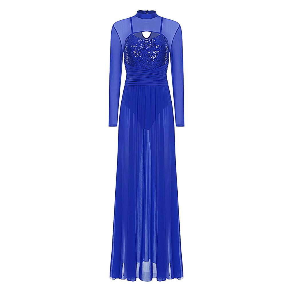 Ladies Sequin Long Sleeve Lyrical Dance Dress Mesh Tulle Flowy Maxi Long Dress Built In Briefs Performance Wear