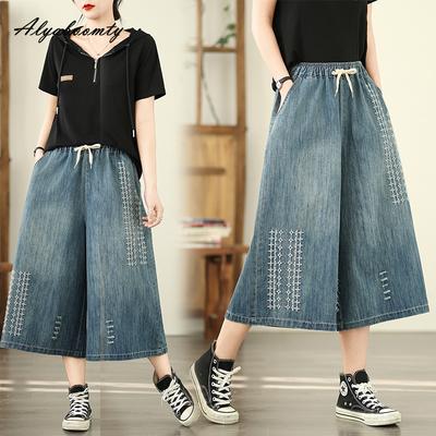 Koreanische Mode Sommer Frauen Wide Leg Jeans Elastische Taille Kordelzug Zerrissene Vintage Denim Capris Casual Lose Plus Größe Baggy Stickerei Kurze Jeans