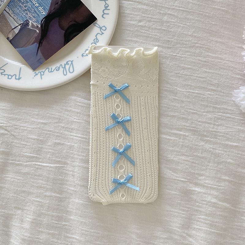 Children's Socks Summer Lolita Wooden Ear Mesh Ribbon Large Bow Mid-tube Socks for Girls