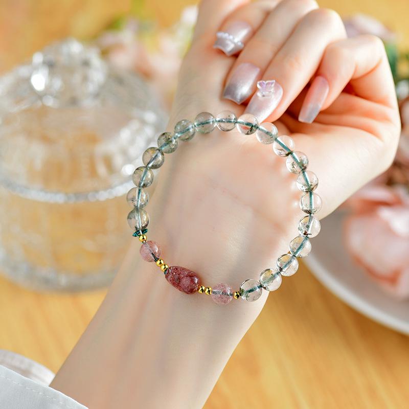 

Natural Green Phantom & Strawberry Crystal Pi Xiu Bracelet - Minimalist Design for Women