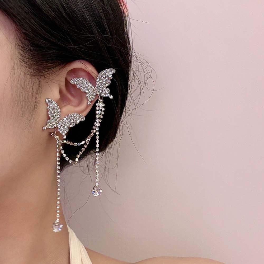 1 pair Luxury Silver Tassel Ear Clip Long Shiny Temperament Eardrops  Women