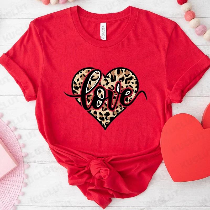 Fashion Unisex Tshirts Leopard Love Heart Print Tops Short Sleeve Clothing Ladies Harajuku Valentines Day Female Clothing