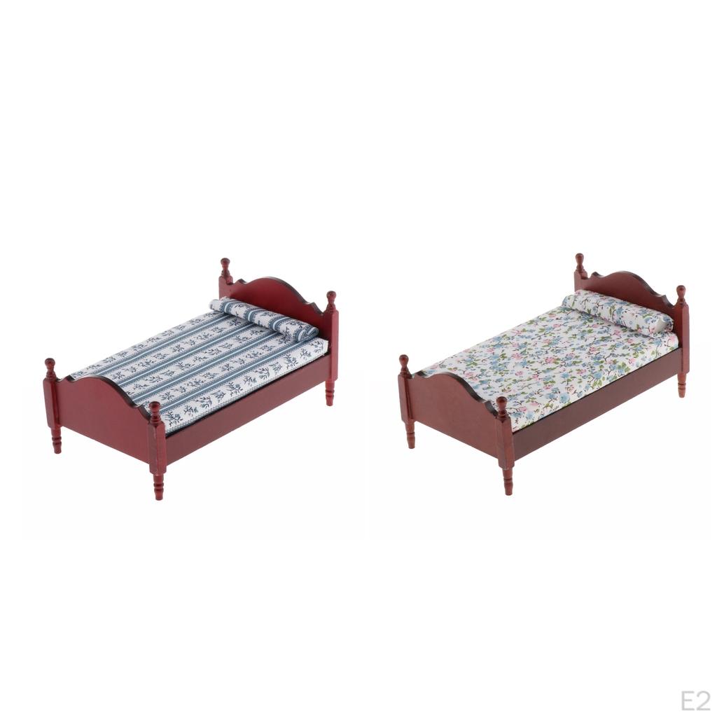 1/12 Dollhouse Miniature Wooden Single Bed W/Pillow Bedroom Accessory