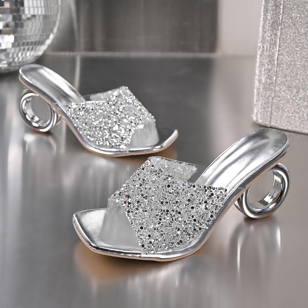 Fashion Luxury Women Summer Party Slippers Fashion White Pearl Designer Fashion Sandals Female Shoes Strange High Heels Mules Slides