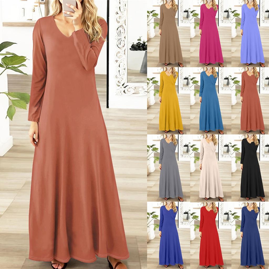 Dámská ležérní móda s dlouhým rukávem jednobarevné vintage dlouhé šaty podzim