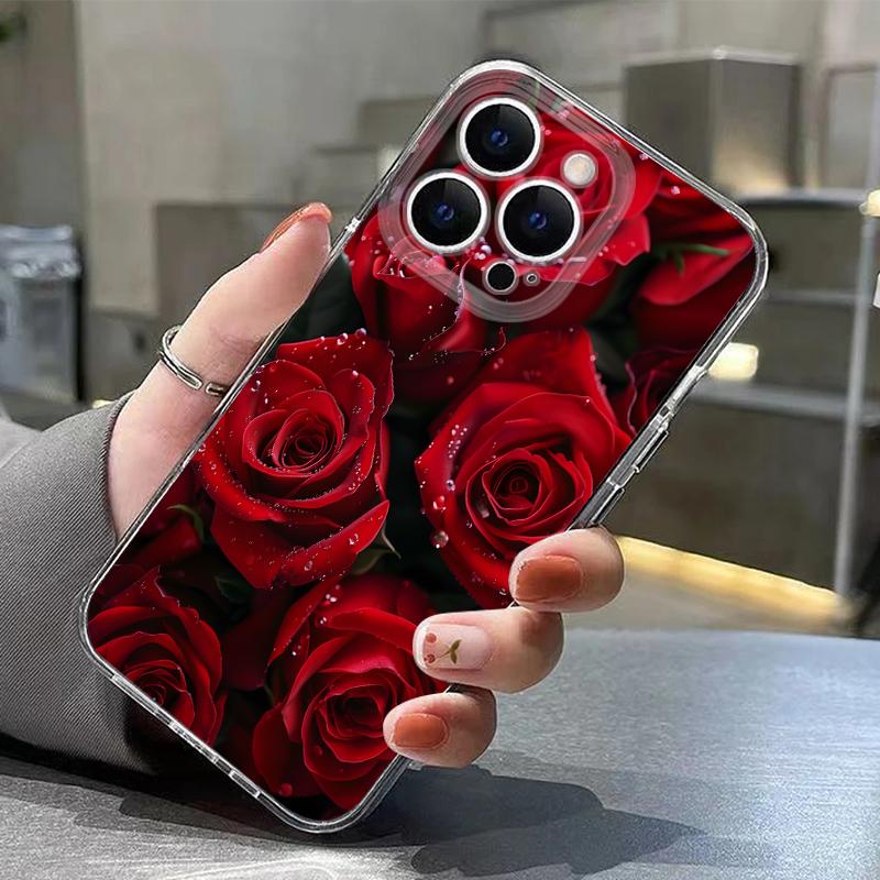 Scarlet Red Rose Flower Pattern Case For iPhone 17 Pro Max Coque iPhone 16 15 14 13 Pro Max 11 Clear TPU Silicone Soft Cover
