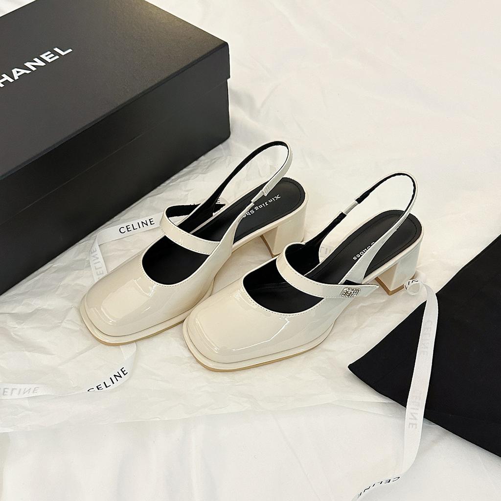 E9-6 French bag head medium heel single shoes women's spring new fairy style square head thick heel Mary Jane rear empty single shoes women