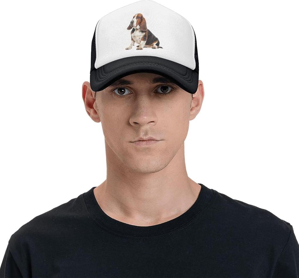Basset Hound Dog Print Mesh Trucker Hat Casual Adjustable Snapback Cap for Unisex Adults