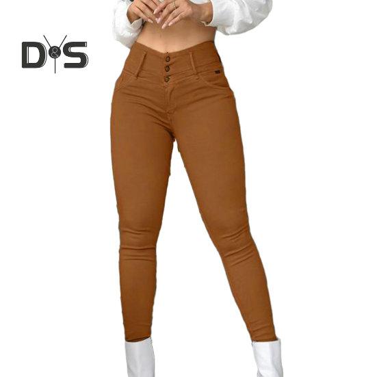

Женские однотонные повседневные длинные брюки с высокой талией и пуговицами, облегающие леггинсы на бедрах, офисные узкие брюки L коричневый