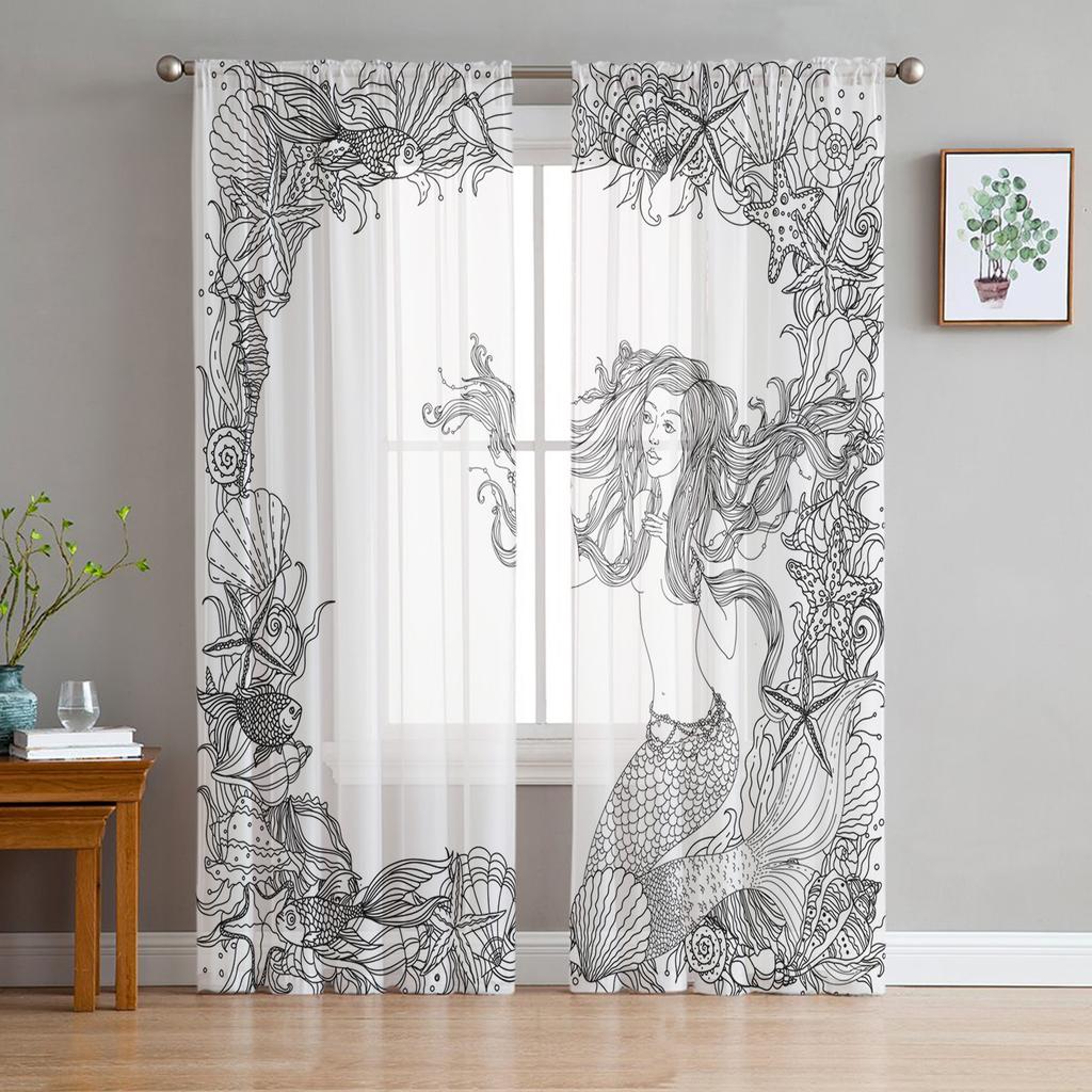 Mermaid Scales Ocean Rainbow Chiffon Sheer Curtains for Living Room Bedroom Home Decoration Window Voiles Tulle Curtain