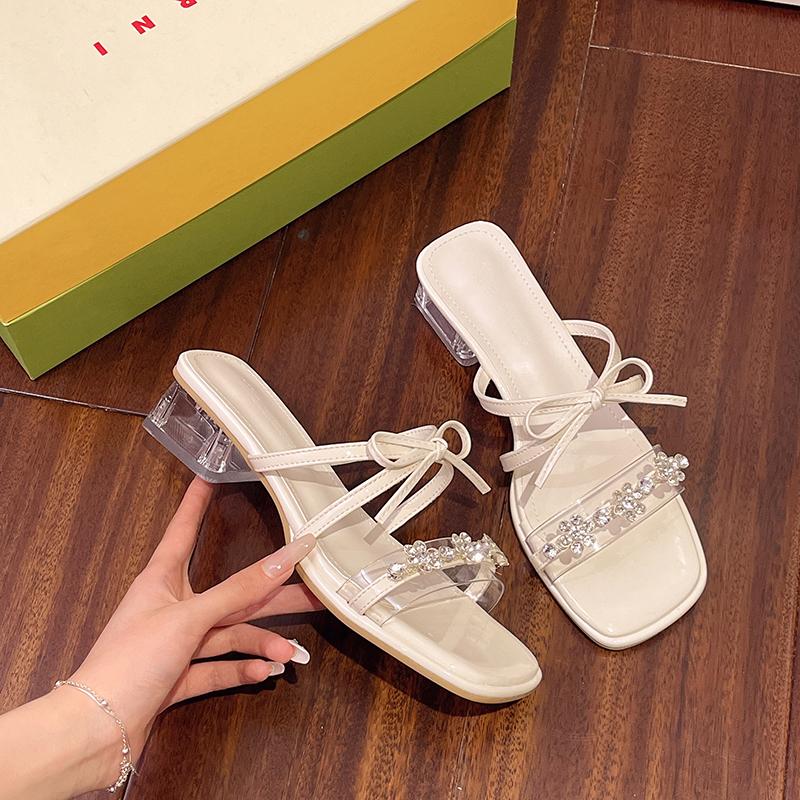 Fashion Shoes Woman 2025 Female Slippers Glitter Slides Square Heel Butterfly-Knot New Jelly Silver Block Butterfly-knot Crystal