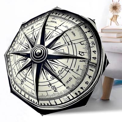 Vintage Compass Illustration Outdoor Automatic Umbrella Compact 8-Rib Lightweight Durable Everyday Carry Umbrella Accessory Stylish Gift Women