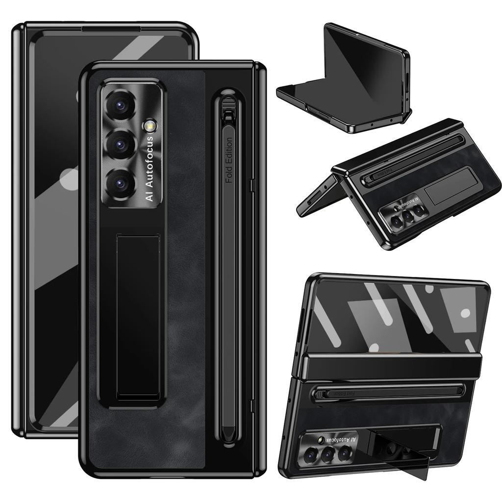Fold 7 Luxury Dark Retro PU Leather Phone Case for Samsung Galaxy Z Fold 7 6 5 4 3 with Pen Slot Hinge Protection Kickstand