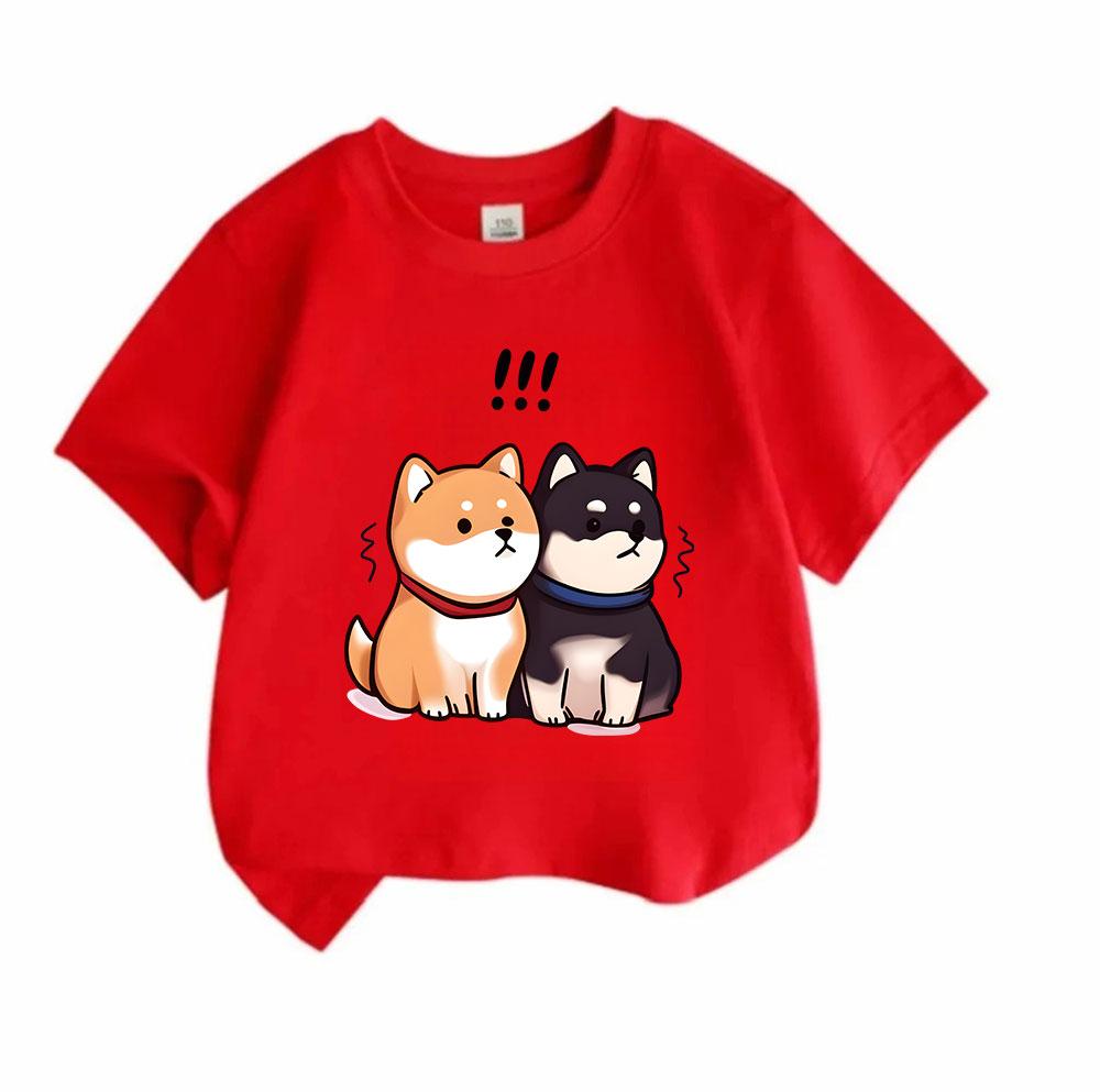 Kids Boys Girls Crew Neck Short Sleeve 100% Cotton T-shirt, Cute Cartoon Shiba Inu Couple Surprised Print Casual Soft Breathable Summer Tee for Childr