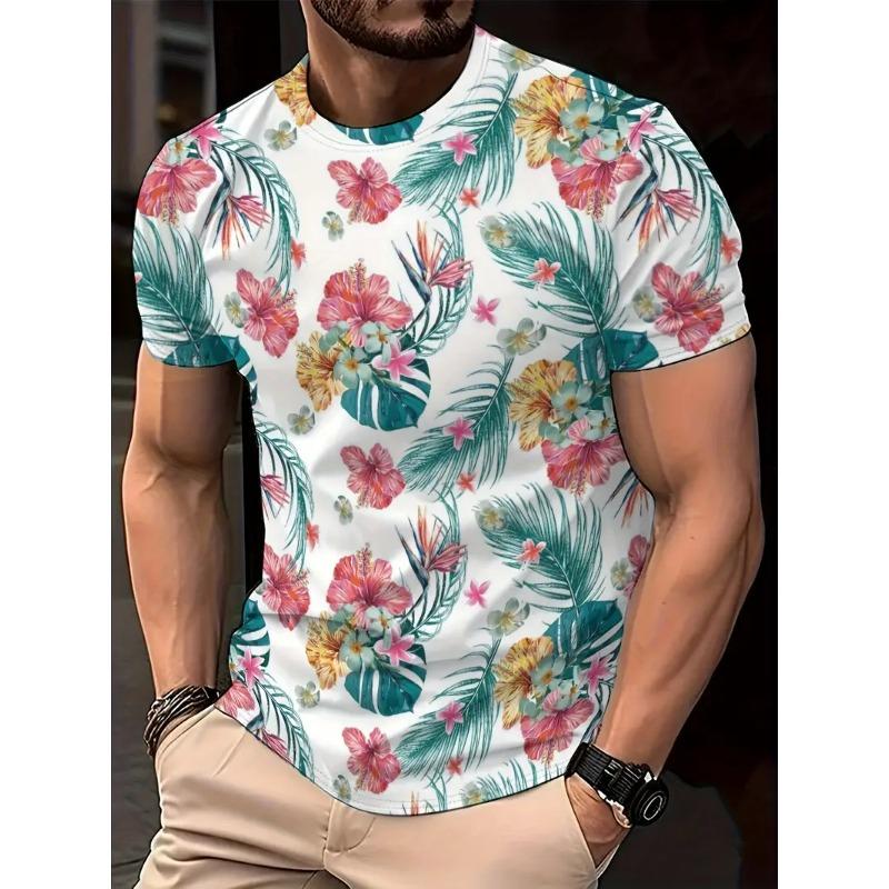 Men's Hawaiian Tropical Flower Print T-shirt Sports Short Sleeved Crew Neck T-shirt for Summer Outdoor Fitness Workout Men's Clothing