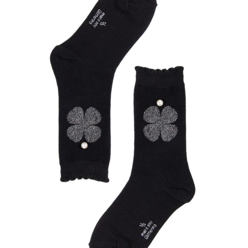 MONTH IN MONTH OUT Silver Clover Glitter Socks _ BLACK&SILVER