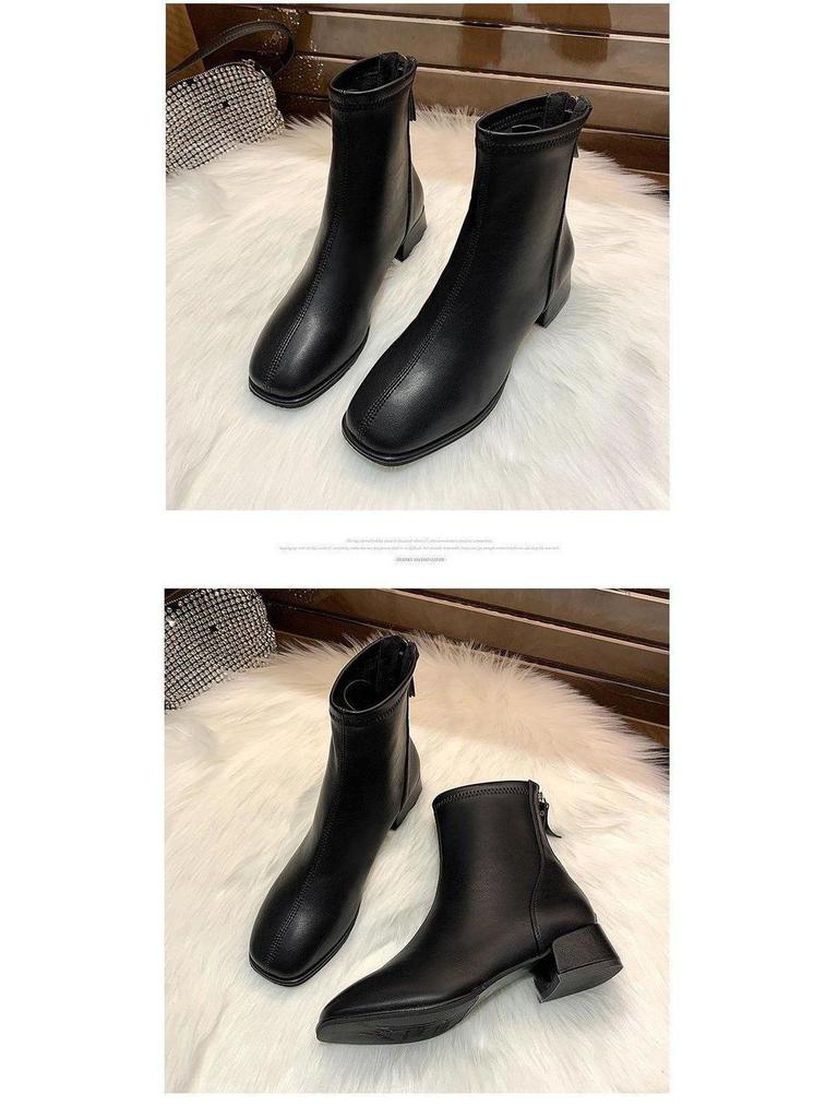 Beige Slimming Square Toe Chunky Ankle Boots with Back Zipper and Fleece Lining for Women – 2025 Autumn/Winter Collection