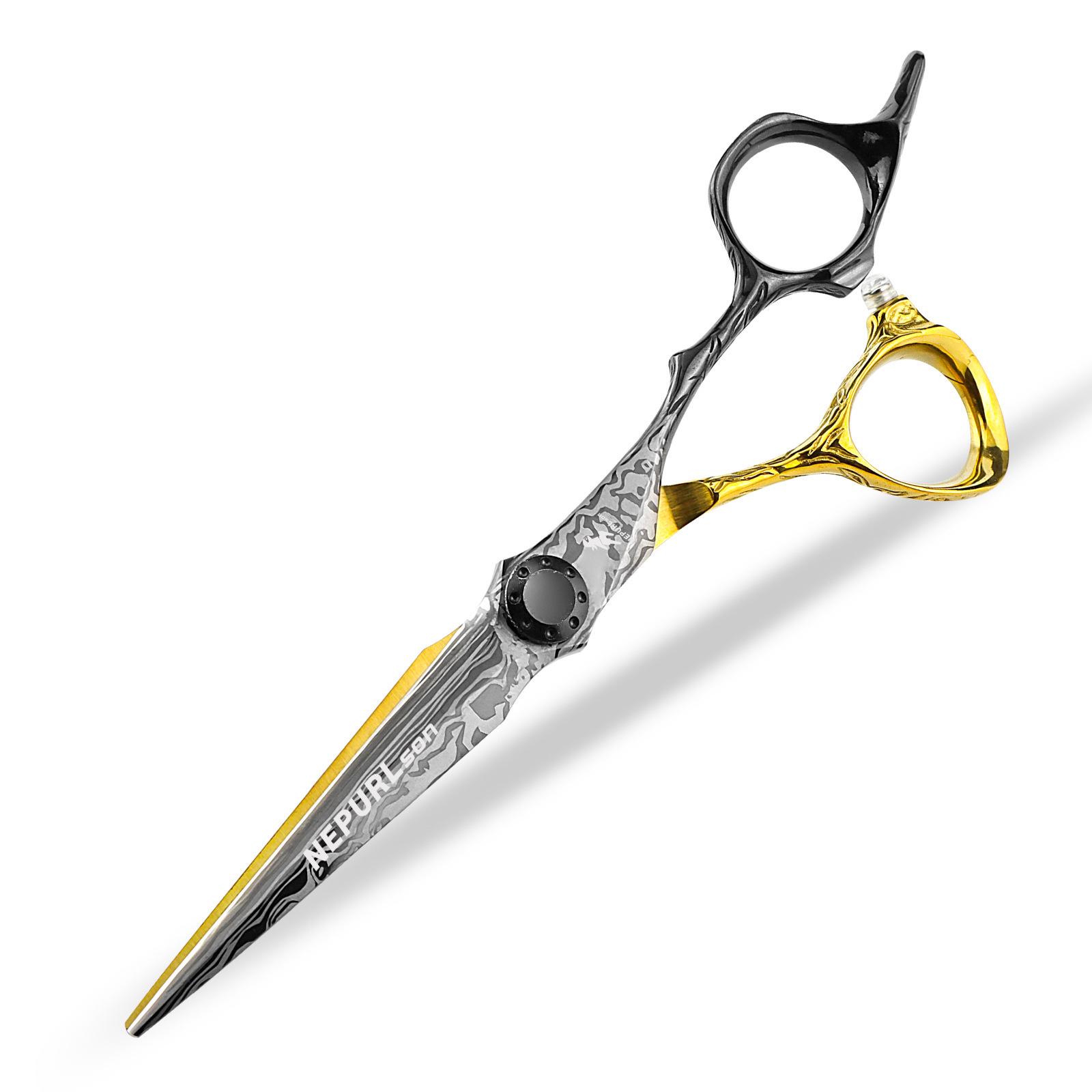 6.0-inch Black & Gold Floral Double-Sided Hairdressing Scissors: Straight, Bangs, Serrated, Thinning Shears