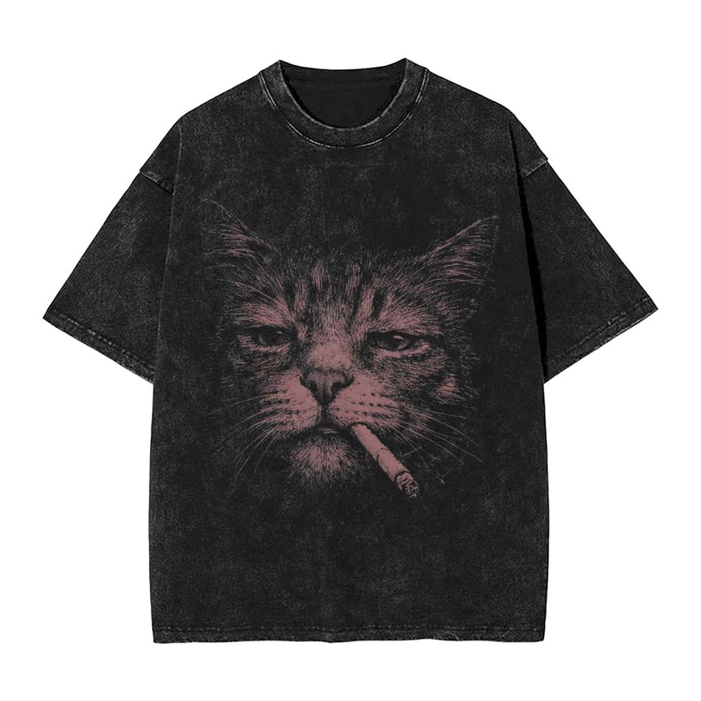 Smoking Cat Funny Washed T Shirts Streetwear Hip Hop Fashion T-Shirts Tees Tops Wo 100% Cotton Oversize Graphic Printed