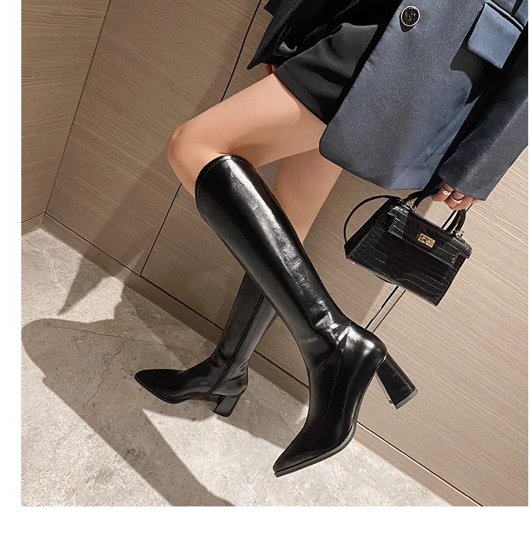 2025 Herbst V-Ausschnitt spitze Zehen hohe Absätze dicke Beine großer Schaftumfang Samtstiefel hohe Stiefel Ritterstiefel weiße Stiefel