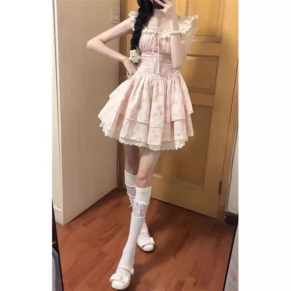 Gentle Small Flying Sleeves Floral Dress Women's Summer Sweet Princess Cake Dress Waist Thin Tutu Skirt Short Skirt