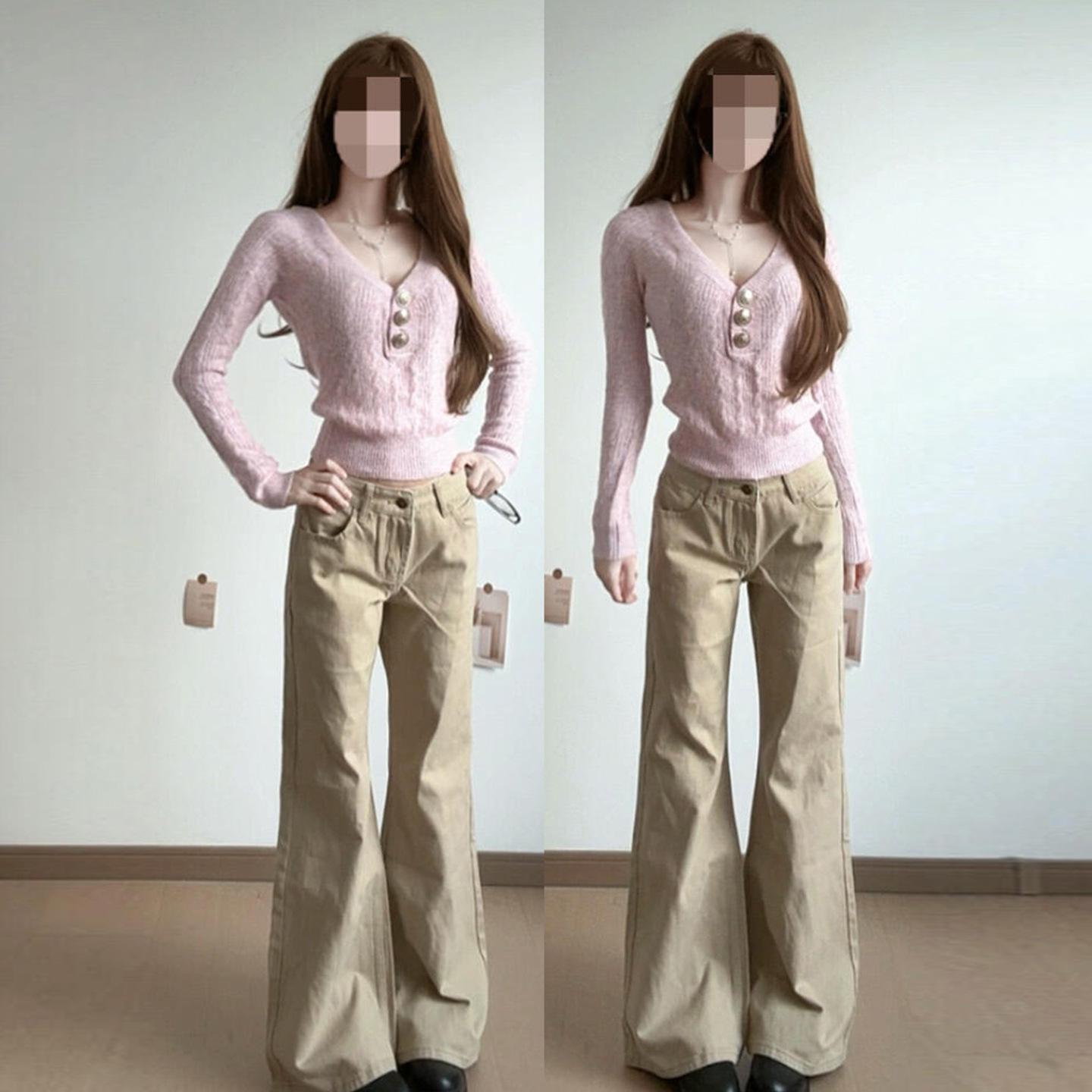 

2025 Stylish Korean V-Neck Pink Sweater: Women s Spring/Autumn Long Sleeve Knit Pullover Small розовый