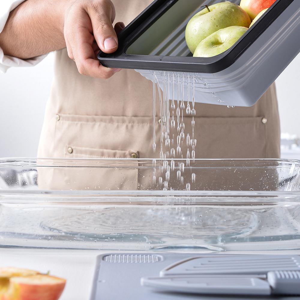 Klappbarer Abtropfkorb, Schneidebrett, Küchengeschirrkorb, tragbarer Picknickkorb für den Außenbereich, Wasserfiltration