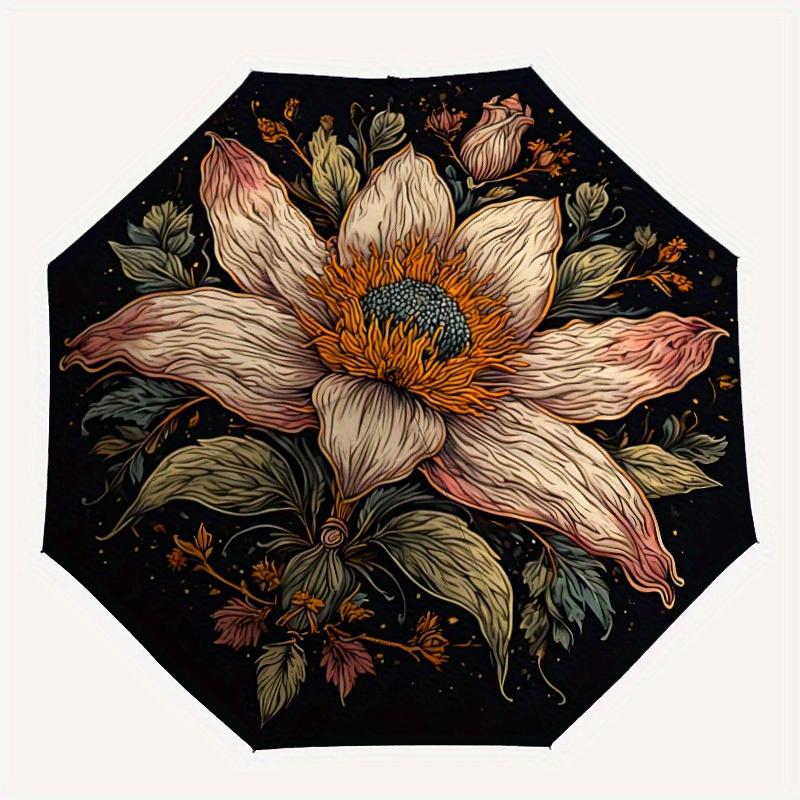 1pc Automatic Open/Close Umbrella with Floral Mandala - Beige/ Brown/Black/ Green/, Compact Folding Design, Sturdy 8-Rib Canop