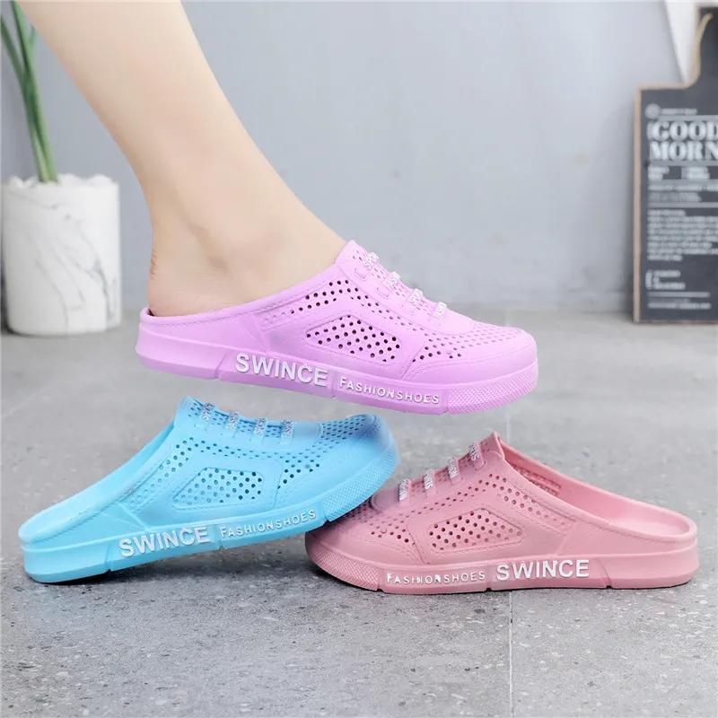 WTEMPO Női légáteresztő zselés színű nagy méretű lapos sarkú csúszásgátló cipő puha talpú Baotou hollow out női felcsúsztatható papucs