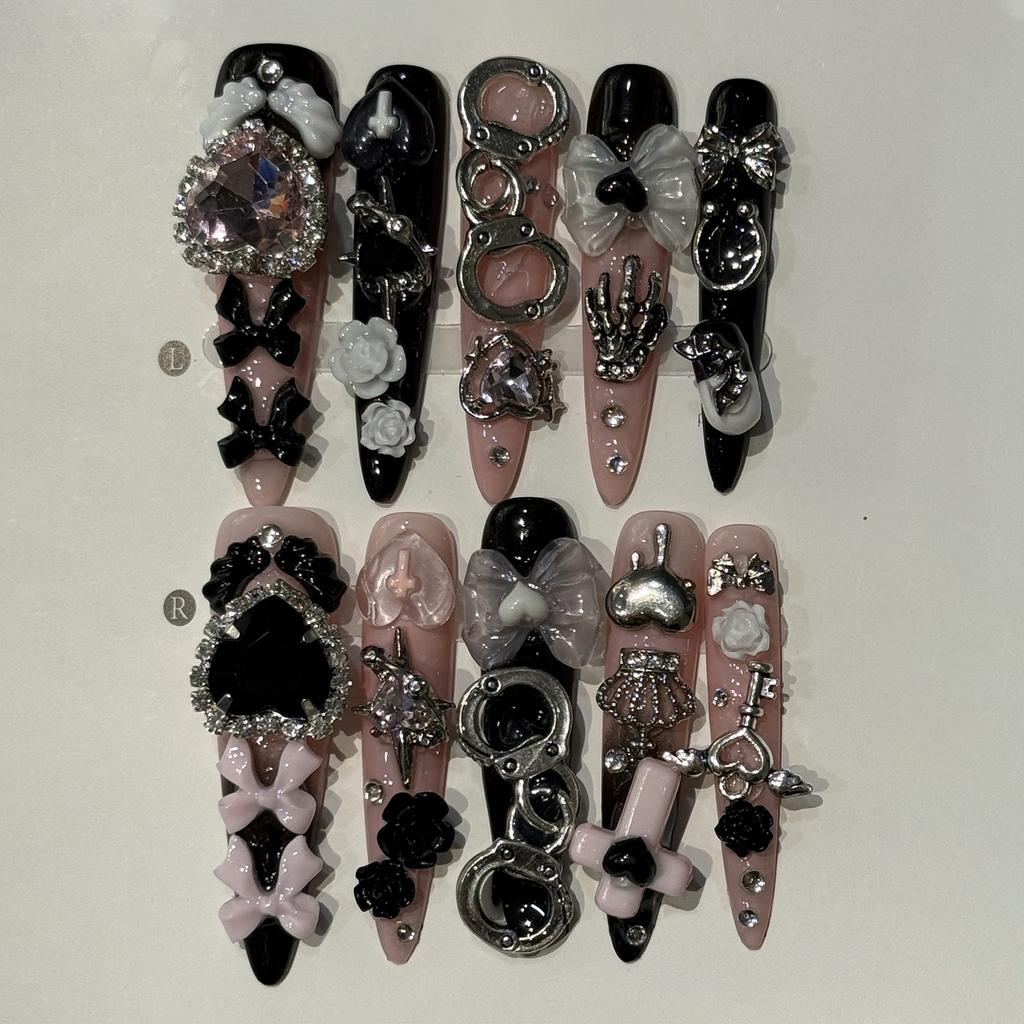 10pc Long Stiletto False Nails Pink Heart Bowknot Press On Nails White Camellia Detachable Fake Nails Gitter Rhinestone Nail Art
