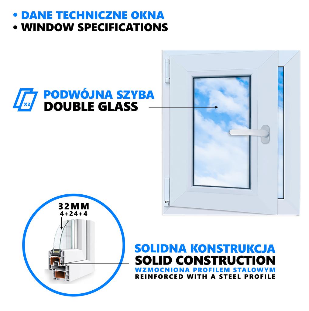 Okno Pcv Białe 50X60 Lewe 500X600 Mm Rozwierno-Uchylne, Dwuszybowe