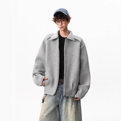 Simple Solid Color Lapel Sweatshirt for Men and Women Autumn Shoulder Pad Short Couple Cardigan Jacket