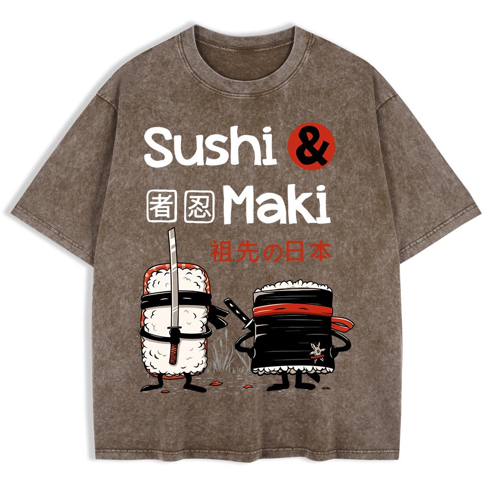 Japan Comics Ninja Sushi Printed Washed T-Shirts Mens Cotton Oversize T Shirt Basic O-Neck Short Sleeve Tops Summer Clothes