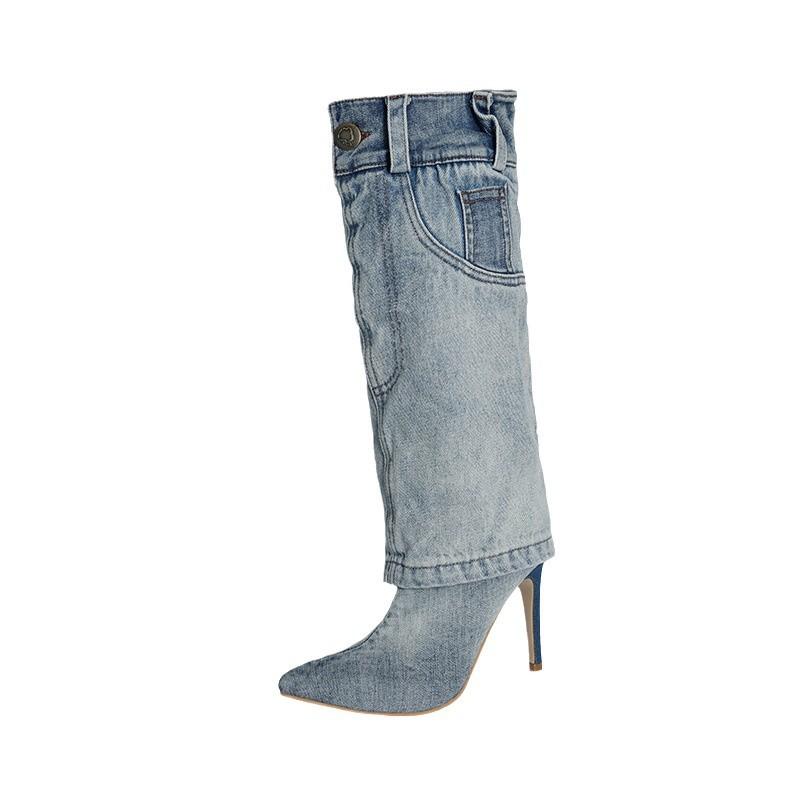 Foreign Trade Europe and the United States Pointed Fashion Single Shoes Women's Stiletto Denim Western Style High Heels Personalized Foot Fashion Sh