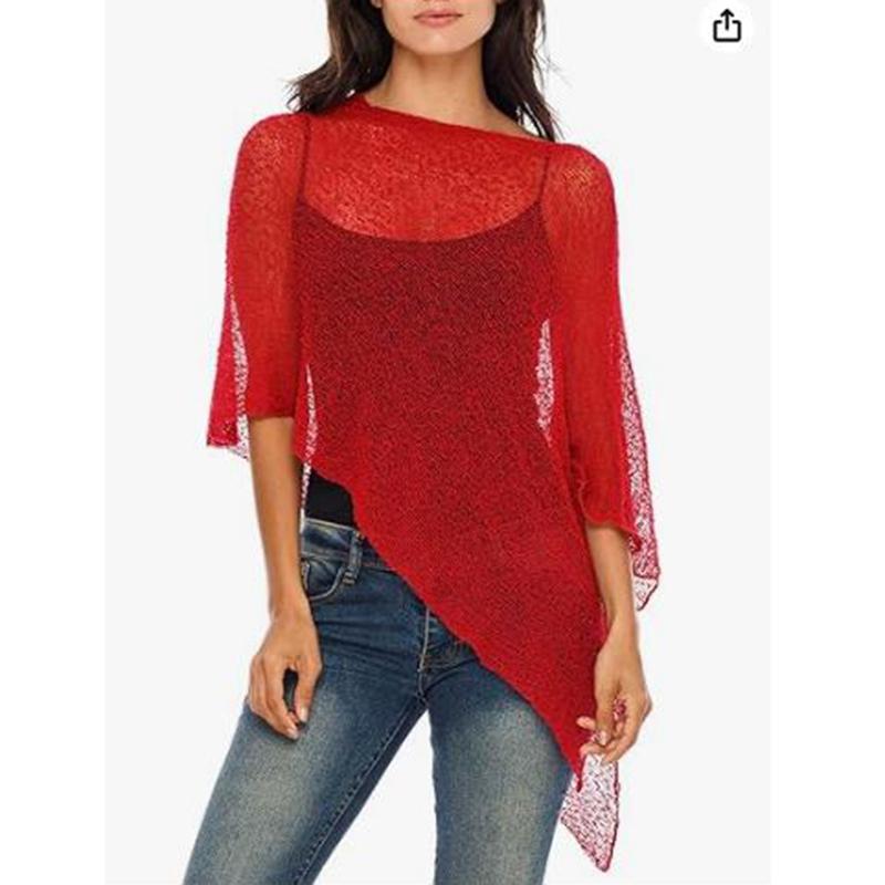 

Combhasaki Women Knitwear Bikini Cover-up See-through Solid Off Shoulder Irregular Triangle Hem Loose Pullover Summer Beach Tops One Size