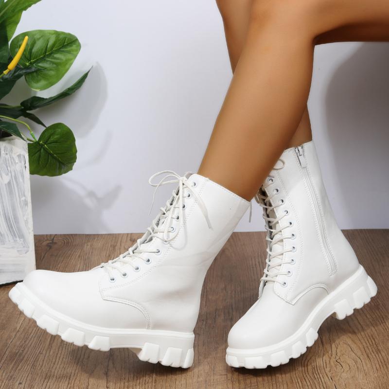 Boots Women 2025 Autumn Winter PU Leather White Ankle Boots Motorcycle Botines Female Chunky Heels Platform Boots Botas Mujer