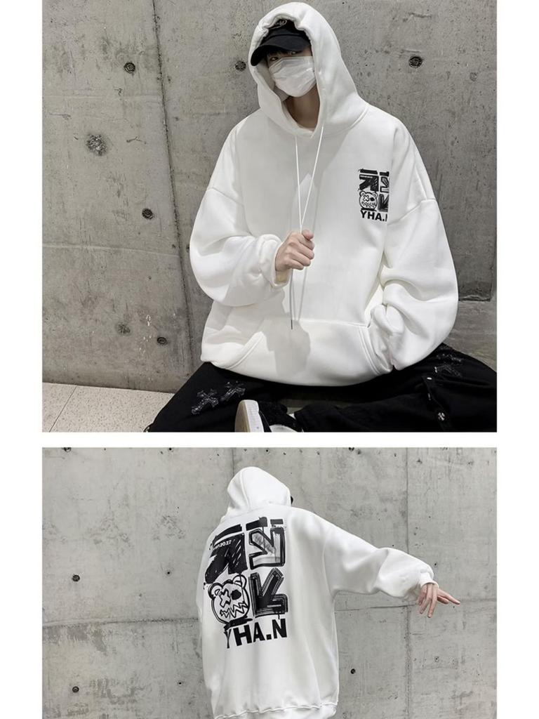 Men's Plus Velvet Hooded Sweatshirt - Large Size, Autumn/Winter, Hip-Hop Style, Trendy Loose Fit, American-Inspired.