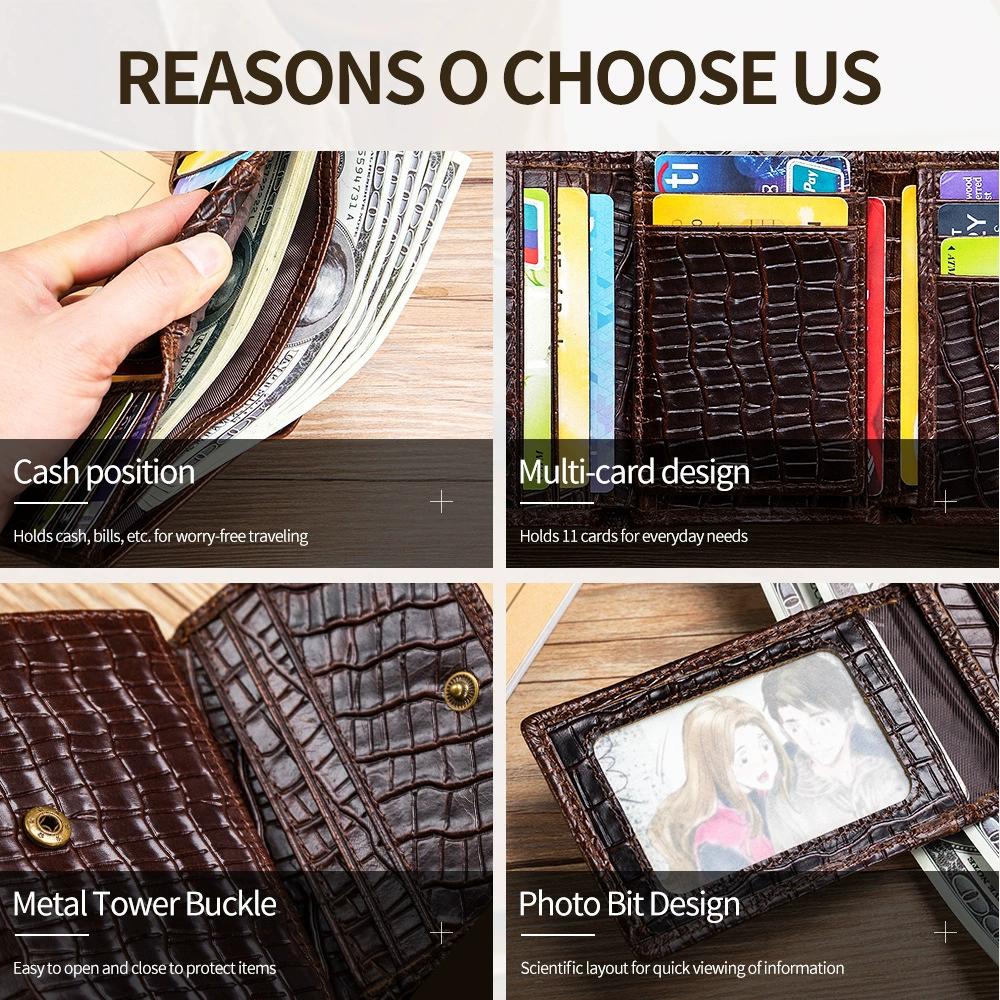 LAOSHIZI Vintage Men's Genuine Leather Crocodile-Embossed Wallet RFID Blocking Multi-Card Slots Photo Insert
