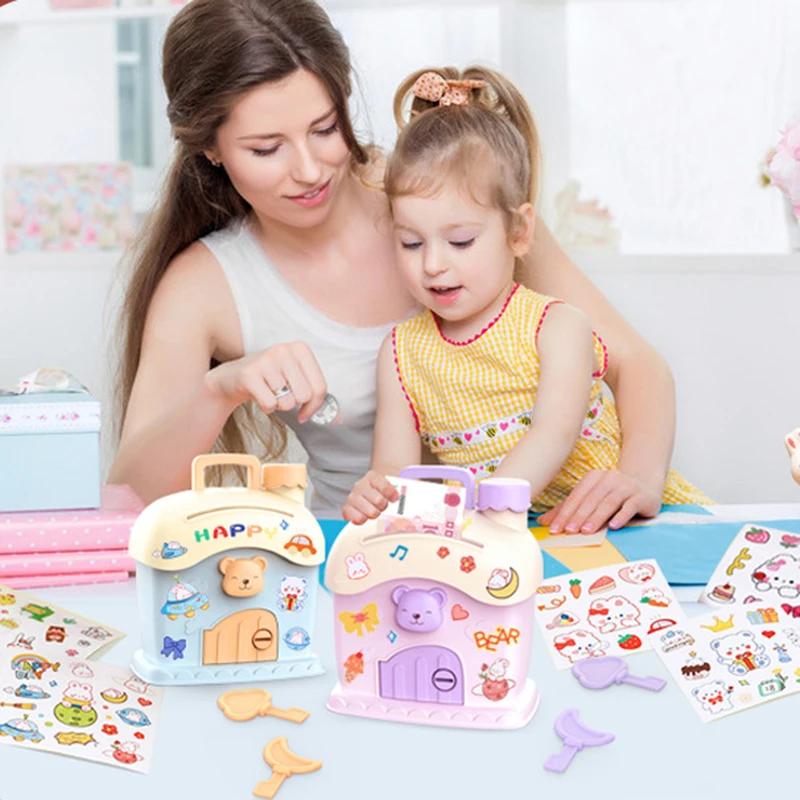 Cartoon Diy Stickers Piggy Bank With Sticker Kawaii Large Capacity Cute Small House Key Piggy Bank Storage Box Holiday Gifts Kid