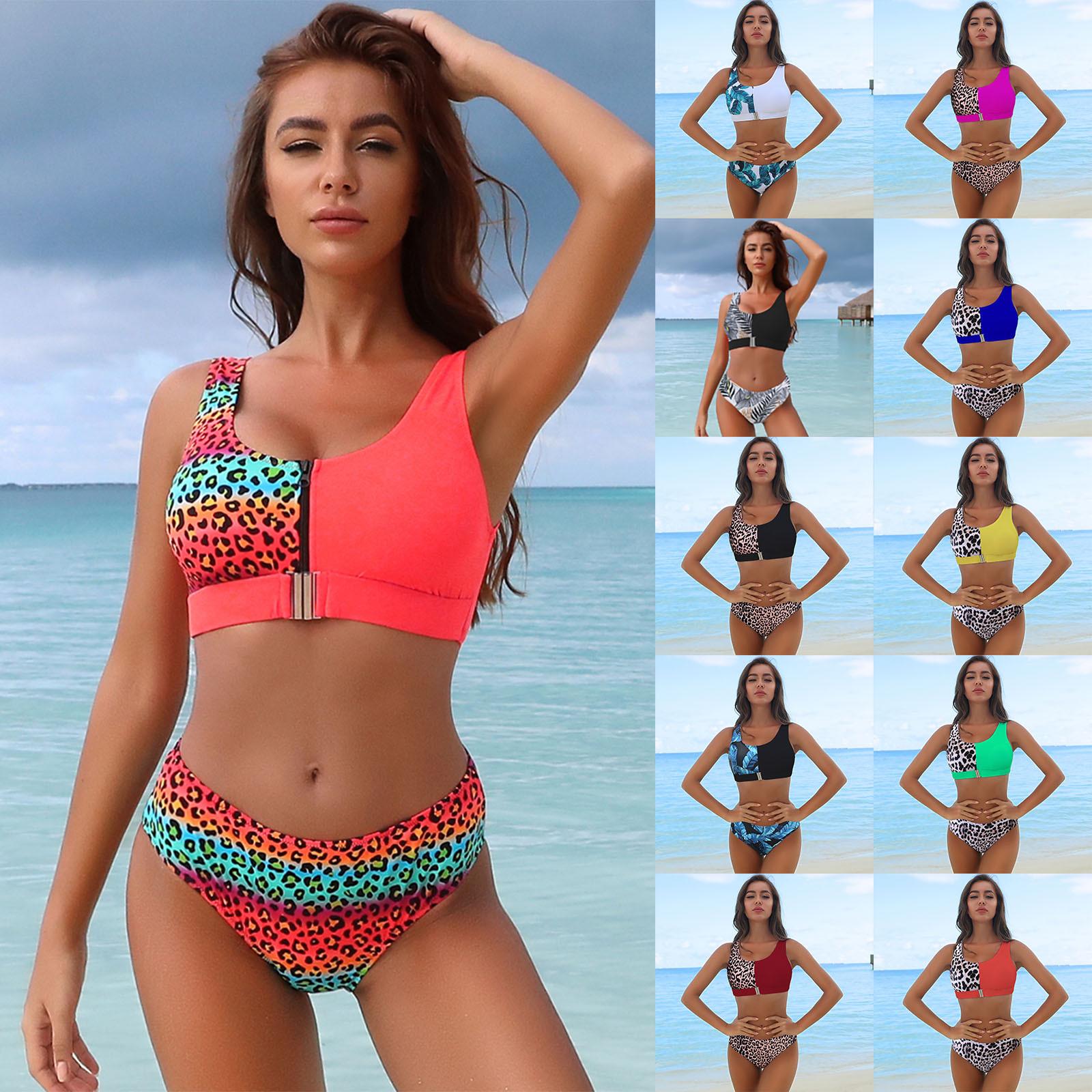 

Women s Sexy High Waist Leopard Pattern Splicing Swimsuit Split Bikini
