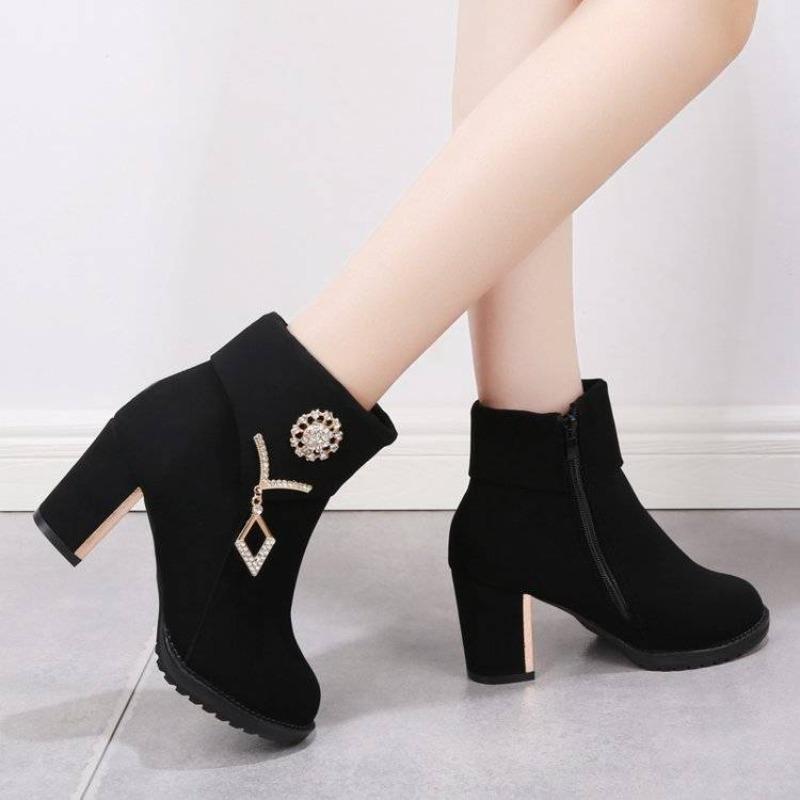 Black Suede Rhinestone Heeled Woman Short Shoes Round Toe Autumn Winter Warm Ankle Boots for Women High Quality Y2k Booties Sale