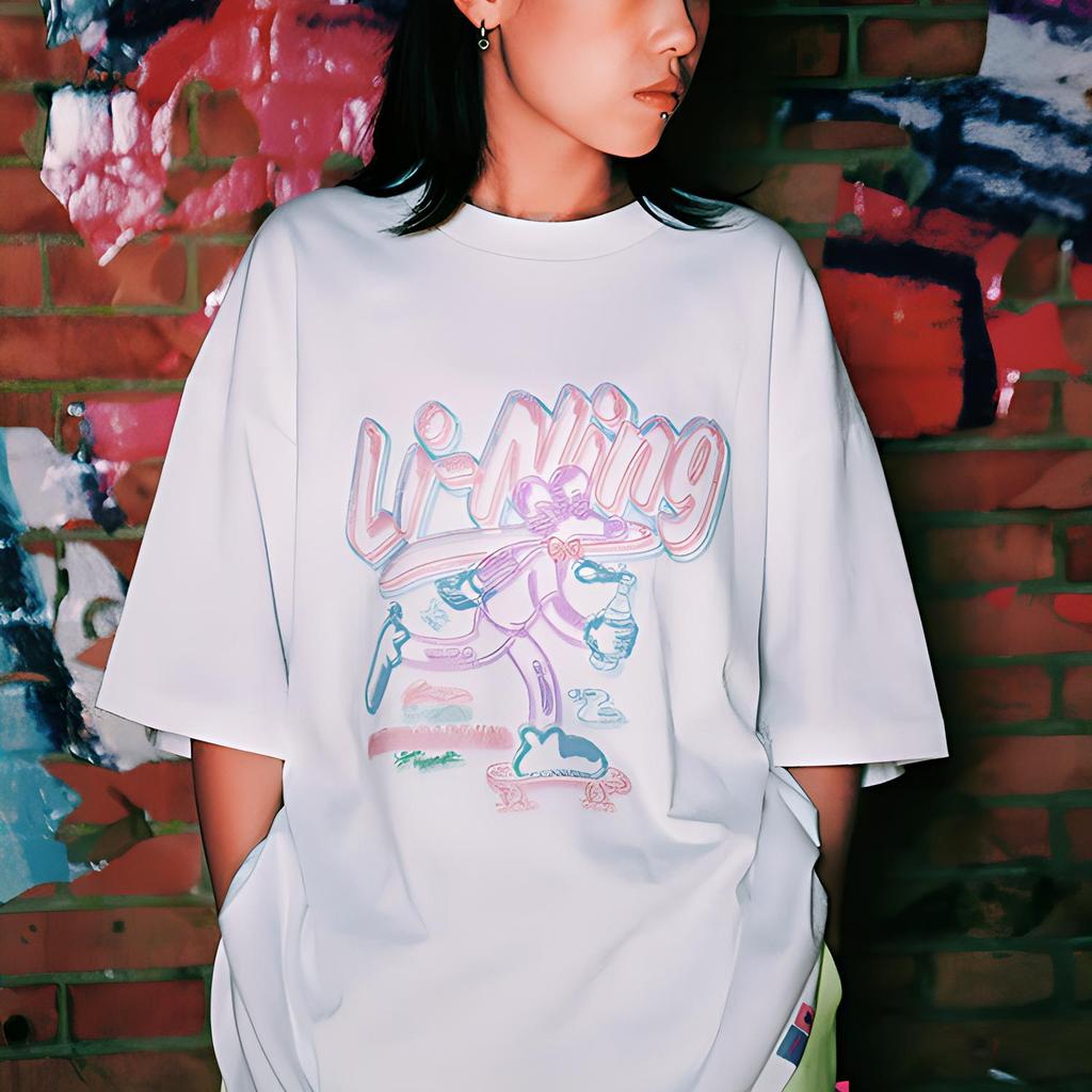 Li-Ning X Steven Harrington Neon Cartoon Print Loose Short Sleeve T-Shirt Unisex Tops White AHSSC47-3