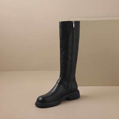 Novas Botas Femininas Bico Quadrado Couro Patente Zíper Lateral Antiderrapante Resistente ao Desgaste Salto Bloco Botas de Cavaleiro Sem Joelho