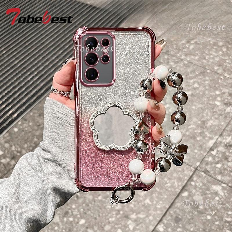 

Glitter Shockproof Plating Flower Mirror Bracelet Case for Samsung Galaxy S25 S24 S23 S22 S21 S20 Plus FE Note 20 10 Ultra Cover Note 20