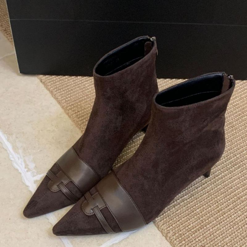 2025 French Suede Splicing Pointed Thin Heel Short Boots Women's Autumn and Winter New Fashionable Versatile Rear Zipper Short Boots