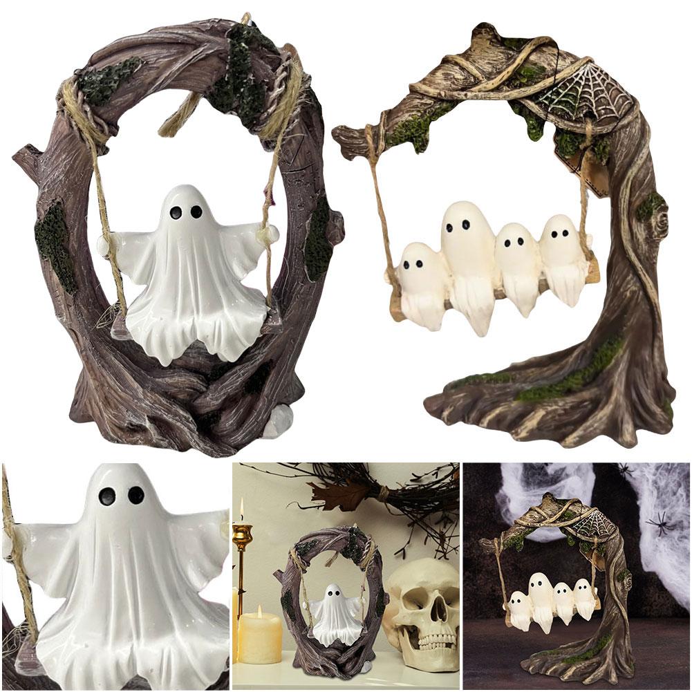 Halloween Swing Ghost Ornament Cute Ghost Figurine Funny Tree Hanging Ornaments Ghost Swing Decorations for Desktop Bookshelf